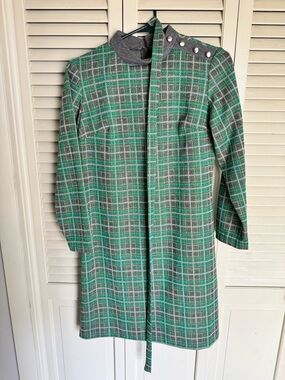Vintage Womens Green Plaid Dress, 1960’s with Matching Belt